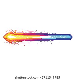 Ein lebendiger Pfeil, der aus Feuer und Licht besteht und von Orange und Gelb zu Blau und Lila übergeht, mit Bewegungsunschärfe und Partikeleffekten.