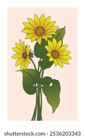 Vibrant Arrowleaf Balsamroot Flower Print, Colorful Floral Art with Green Leaves, Trendy Floral Posters, Hand drawn Botanical Illustration for Decor