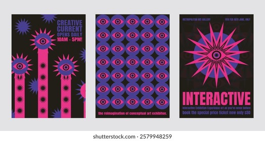 Vibrant art exhibition posters with bold pink and blue eye motifs. Creative, interactive, and conceptual designs. Eye-catching art, eye motifs. Psychedelic retro poster template vectors.