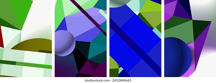 A vibrant art piece featuring a collage of colorful geometric shapes including purple triangles, violet rectangles, magenta tints, and electric blue hues on a white background, showcasing symmetry
