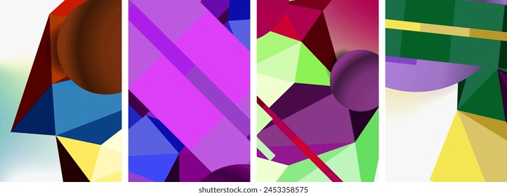 A vibrant art piece featuring a collage of colorful geometric shapes such as rectangles, triangles, and squares in shades of purple, violet, pink, and magenta on a white background