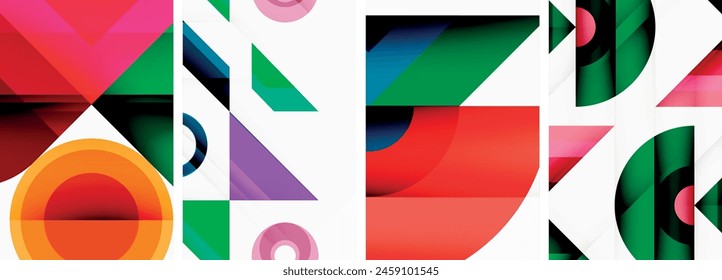 A vibrant art piece featuring a collage of colorful geometric shapes rectangles, triangles, circles in tints and shades of magenta and electric blue on a crisp white background