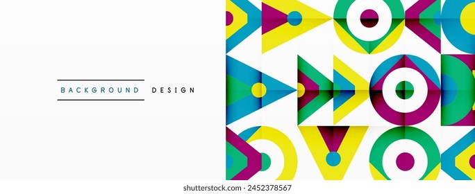 A vibrant art piece featuring a colorful geometric pattern with arrows, circles, and triangles in electric blue and magenta on a white background