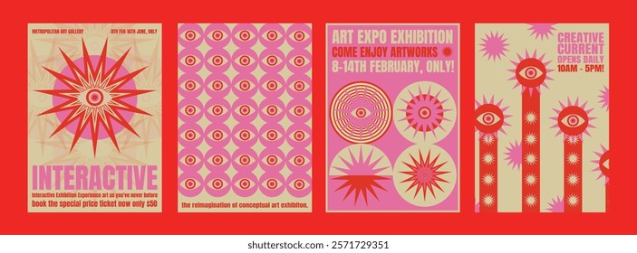 Vibrant art posters with psychedelic abstract designs, featuring eyes and stars. Bold colors and creative patterns. Eye-catching and artistic. Psychedelic retro poster template vectors.