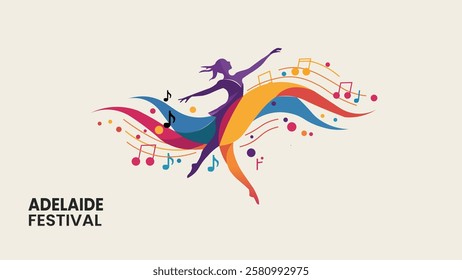 A vibrant and artistic Adelaide Festival logo featuring a dancer in motion with colorful musical notes, celebrating the fusion of music, dance, and creativity at the festival