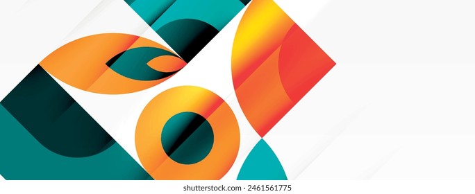 A vibrant and artistic design featuring circles and squares in orange and electric blue hues on a white background, showcasing symmetry and creativity in a geometric pattern