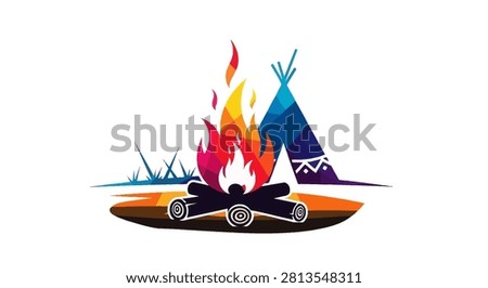 A vibrant and artistic illustration of a campfire with burning logs and a stylized teepee tent in the background isolated on a white background