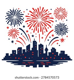 A vibrant and artistic illustration featuring bright red and blue fireworks bursting in the night sky above a detailed city skyline. The design includes sparkling stars and decorative elements that evoke a sense of joy, celebration, and national pride. This graphic is perfect for holidays like Independence Day, New Year celebrations, or any festive evening event requiring a bold and dynamic visual representation.
