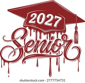 A vibrant, artistic illustration featuring a graduation cap with '2027' and 'Senior' in dripping, stylized lettering.
