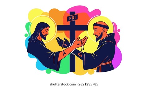 A vibrant artistic illustration featuring Jesus Christ and Saint Francis of Assisi facing each other in prayer with a central cross between them.