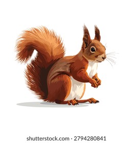 A vibrant artistic illustration of a red squirrel with a bushy tail and white belly isolated on a clean white background