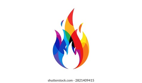 A vibrant artistic illustration of a stylized fire flame featuring a multicolored geometric pattern on a white background