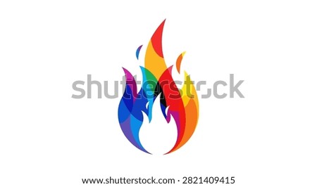 A vibrant artistic illustration of a stylized fire flame featuring a multicolored geometric pattern on a white background
