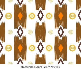 A vibrant and artistic pattern featuring brown and orange shapes, complemented by yellow floral designs on white background, creating lively and cheerful atmosphere