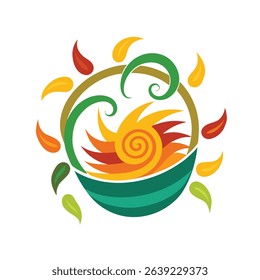 Vibrant artistic representation of the sun with decorative elements and organic forms in a stylized arrangement on a white background