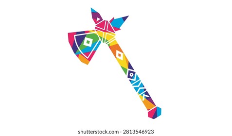 A vibrant artistic representation of a tomahawk axe featuring geometric patterns and rainbow colors isolated on white background