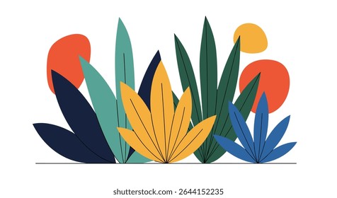 Uma vibrante representação artística de várias folhas e elementos botânicos em um jardim decorativo
