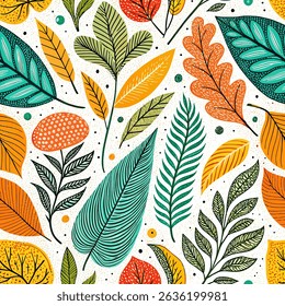 A vibrant, artistic seamless pattern featuring colorful, hand-drawn leaves and a whimsical mushroom design. This unique vector illustration showcases a bright and modern aesthetic. 