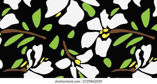 Un patrón vibrante y artístico sin fisuras con flores blancas estilizadas con centros amarillos y hojas verdes frescas, sobre un fondo oscuro contrastante, creando un audaz y decorativo toque floral.