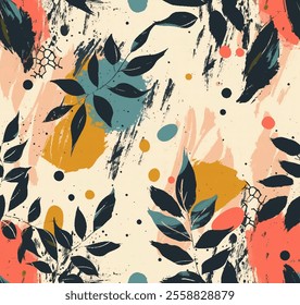 Vibrant and artistic seamless pattern of tropical leaves intertwined with bold colorful brushstrokes and textured details. Creative vector graphic artwork with striking mix 