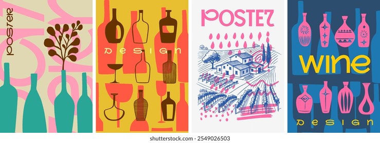 A vibrant and artistic set of wine posters featuring vineyard landscapes, abstract bottle designs, and modern typography, perfect for branding and wine promotions.