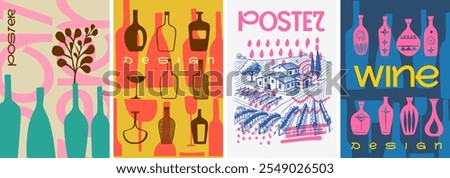 A vibrant and artistic set of wine posters featuring vineyard landscapes, abstract bottle designs, and modern typography, perfect for branding and wine promotions.