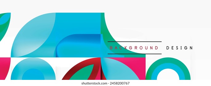 A vibrant artwork featuring a colorful background with circles and squares in shades of magenta and electric blue, creating a symmetrical pattern on a white backdrop