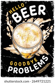 Uma obra de arte vibrante exibe um copo espumoso de cerveja com respingos ao redor dela. O design transmite uma mensagem divertida sobre como aproveitar a vida e deixar ir de preocupações enquanto você toma sua bebida.