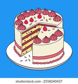 Vibrant artwork showcasing a layered cake with decorative frosting on a blue background, ideal for festive or culinary-themed designs.