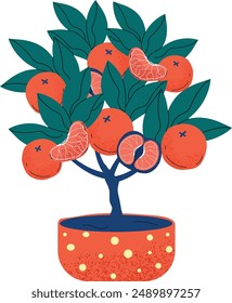 Vibrant artwork showing a lush orange tree in a decorative pot, fusing artistic design with natural beauty. Vector illustration.