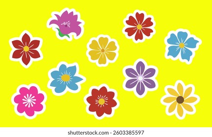 Vibrant assorted flower stickers are displayed against a bright yellow background, creating a cheerful, flat design ideal for graphic elements or backgrounds.