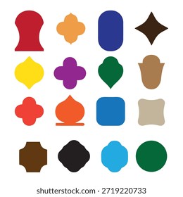 A vibrant assortment of 16 unique shapes in various colors and designs, arranged in four rows of four.