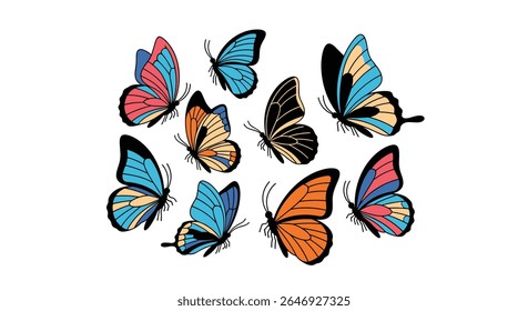 Vibrante variedade de borboletas artísticas em várias cores e desenhos flutuando juntos
