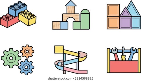 A vibrant assortment of building blocks gears and construction tools
