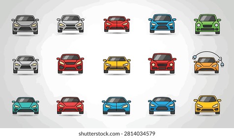 A vibrant assortment of car icons, showcasing different models and perspectives, ideal for automotive-themed designs and digital applications.