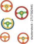 A vibrant assortment of cartoon-style steering wheels in various colors and designs, perfect for children