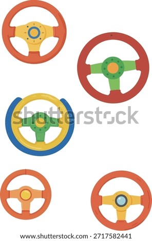 A vibrant assortment of cartoon-style steering wheels in various colors and designs, perfect for children's illustrations or playful themes.
