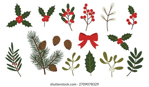 Eine lebendige Auswahl an botanischen Elementen zu Weihnachten, darunter heilige Blätter, Kiefernzweige mit Zapfen, Beeren und eine klassische rote Schleife.