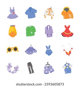 A vibrant assortment of clothing and accessories illustrated in a playful, flat design style