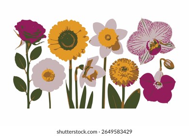 Vibrante variedade de flores coloridas: Florando coleção floral para projetos de design