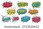 A vibrant assortment of comic book style speech bubbles featuring bold lettering and dynamic shapes, displaying words like "Like," "Crash," "Yes," "Pow," "Yeah," "Bang," "No," "Zap."