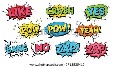 A vibrant assortment of comic book style speech bubbles featuring bold lettering and dynamic shapes, displaying words like "Like," "Crash," "Yes," "Pow," "Yeah," "Bang," "No," "Zap."