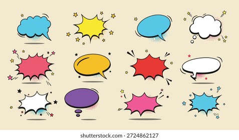 Un vibrante surtido de burbujas de discurso de estilo cómico y nubes de pensamiento en varias Formas, colores y tamaños, con contornos dibujados a mano y Pequeños acentos estelares.