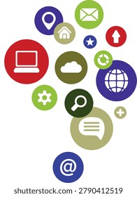 A vibrant assortment of digital and communication icons arranged in a scattered, abstract pattern against a white background.Collection of Technology and Communication Icons Floating in a Dynamic Arrangement