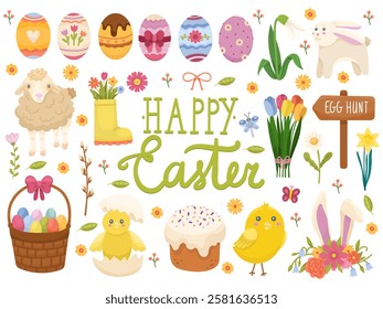 A vibrant assortment of Easter symbols set includes decorated eggs, fluffy bunnies, blooming flowers, and baskets filled with colorful treats. All elements convey joy and festivity.