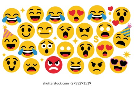 Una vibrante variedad de caras emoji que muestran un amplio espectro de sentimientos y reacciones.
