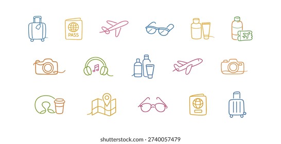 A vibrant assortment of essential travel items depicted as minimalist line drawings, perfect for illustrating journeys and vacations
