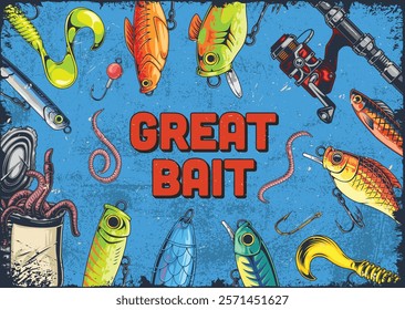 A vibrant assortment of fishing baits lies against a blue background. Various lures and tools showcase tools for fishing perfect for avid anglers looking for effective equipment.