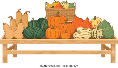 A vibrant assortment of fresh autumn pumpkins, butternut squash, and decorative gourds beautifully arranged on a rustic wooden market stand, perfect for fall harvest and seasonal agricultural themes.