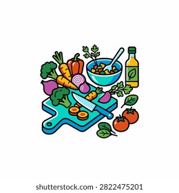 A vibrant assortment of fresh vegetables including broccoli carrots bell pepper onion and tomatoes are arranged around a cutting board with a knife and a bowl of salad.